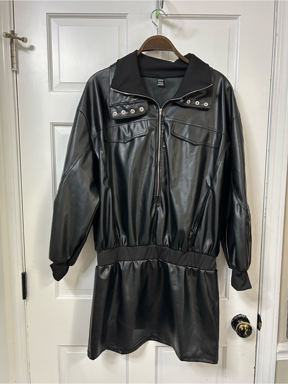 SHEIN Black Faux Leather Zip-Up Dress Jacket
